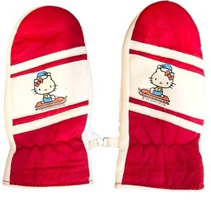 Vintage Sanrio, Hello Kitty Winter Mitten Gloves, Plush, Red/White, Large/Child